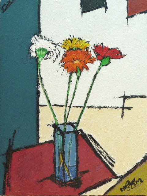 Quatre fleurs dans un vase bleu 61 X 46
