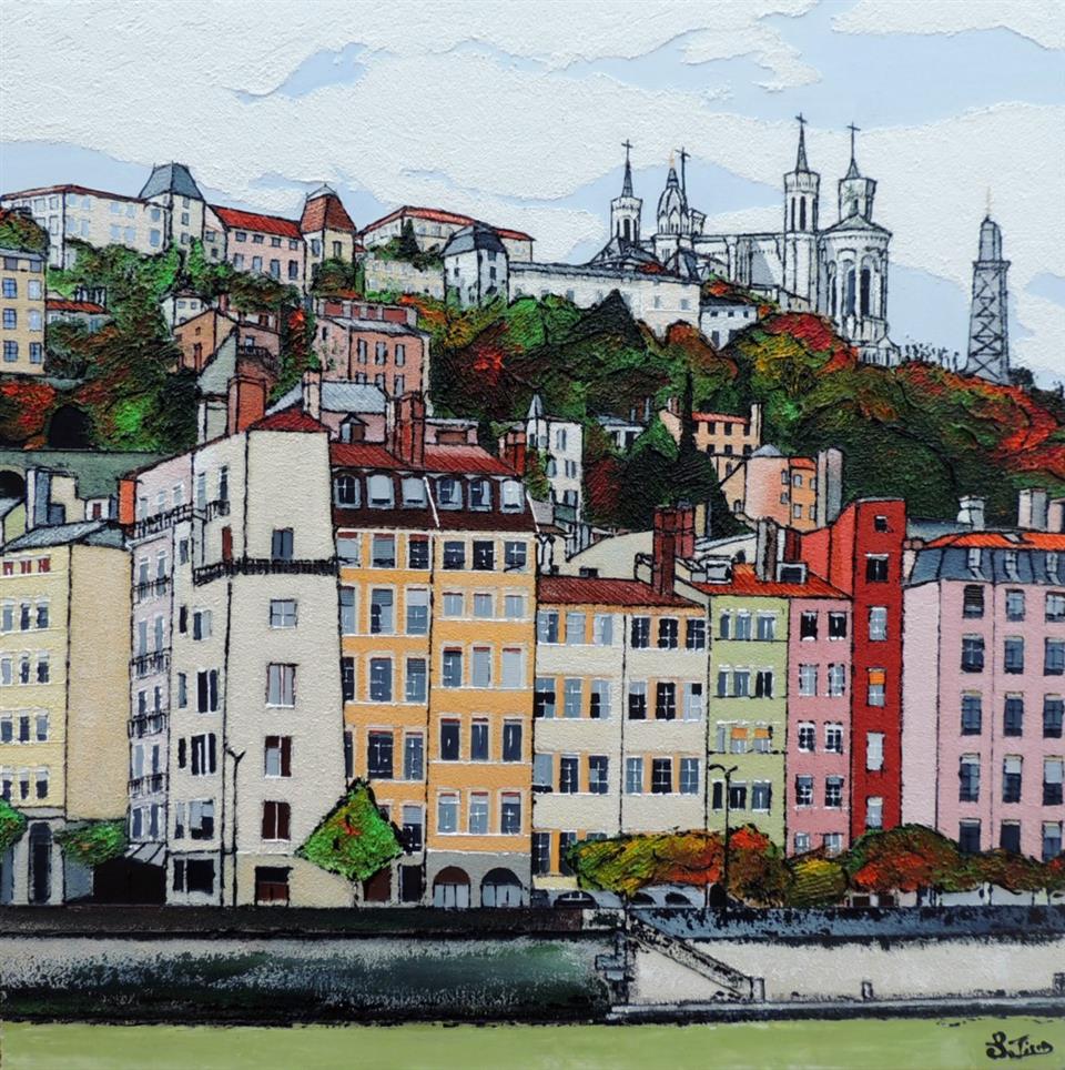Lyon - Fourvière vue des quais de Saône - Acrylique 90 X 90 - Janvier 2015